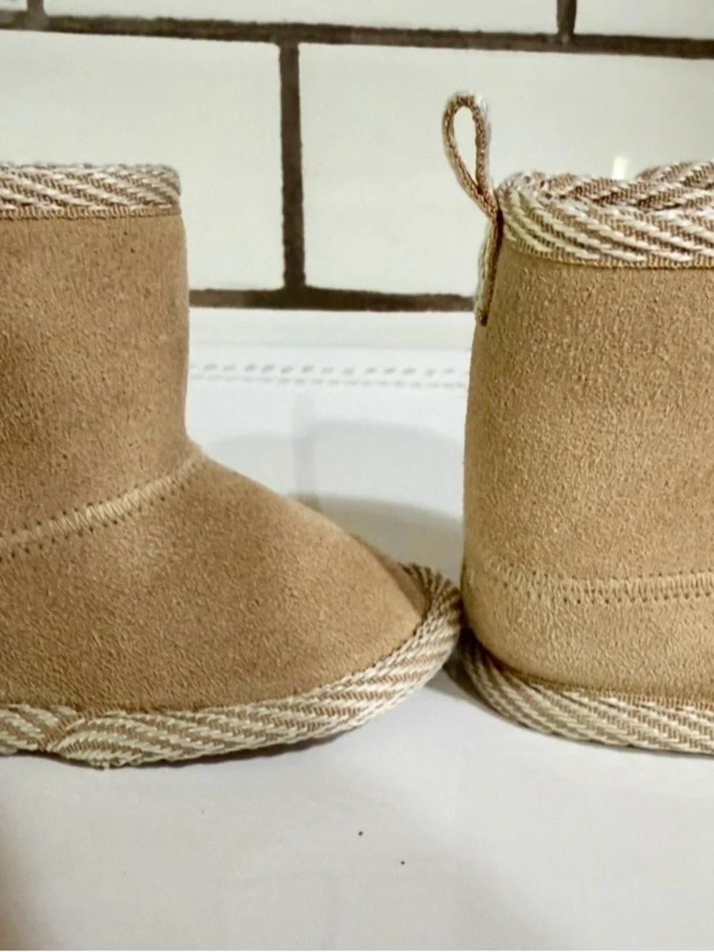 BearPaw Kids Genuine Suede Nesti Boots in Tan with Chevron Trim. 0-6 mo.